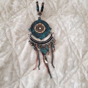 Fashion Jewelry Tribal Bohemian Blue & Silver Tone Dream Catcher Necklace